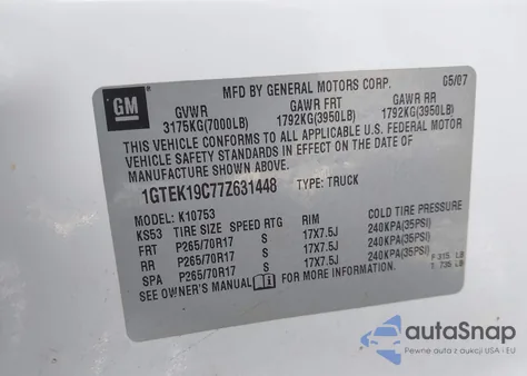 2007 GMC Sierra 1500 Work Truck from USA, damaged, VIN 1GTEK19C77Z631448